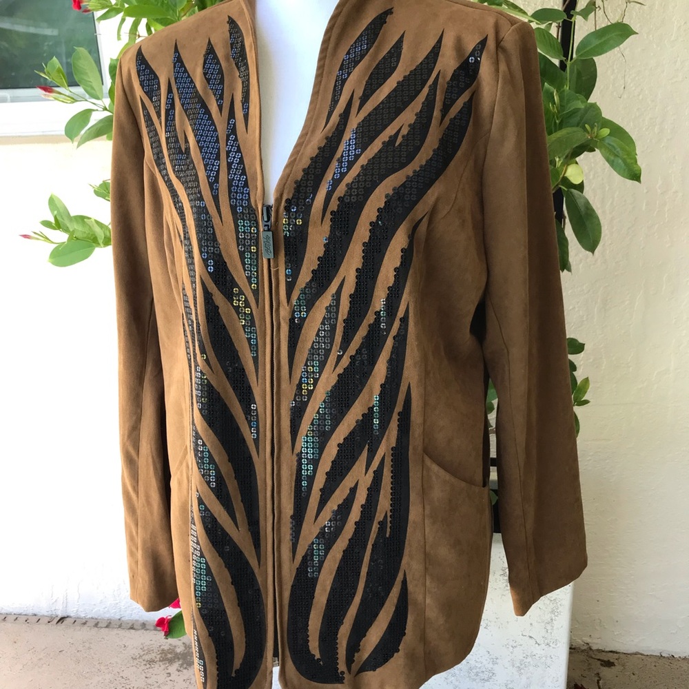 Brown Suede Jacket with Black Sequin Zebra Panels